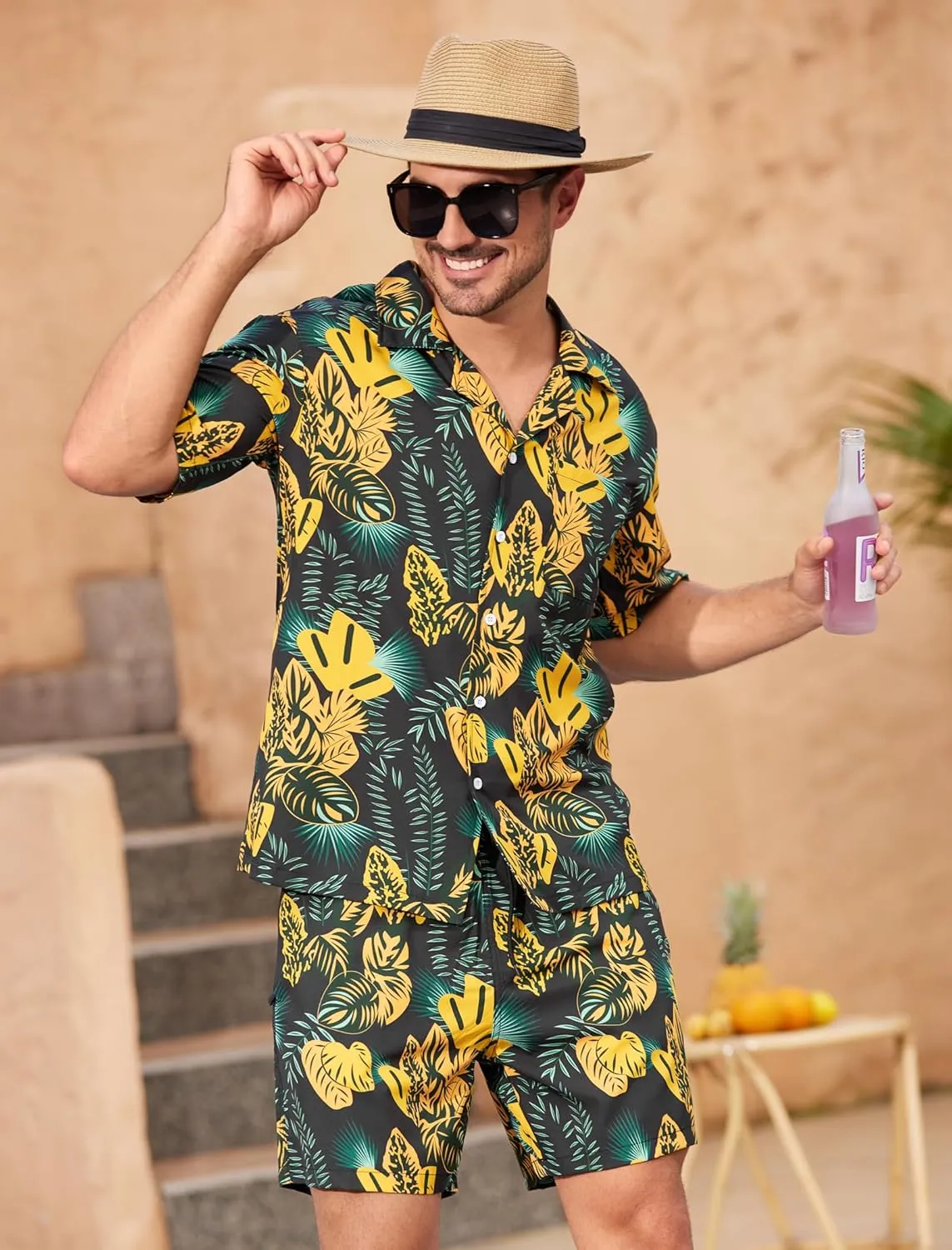 SILKWORLD Men's Casual Button Down Shirts 2 Piece Short Sleeve Outfits Hawaiian Shirt and Shorts Set