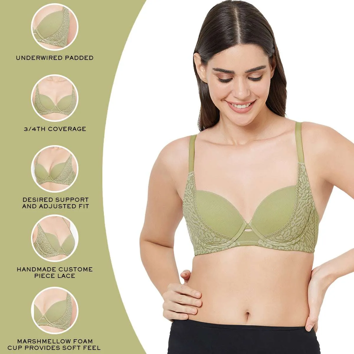 Silva Padded Wired  3/4th Cup Everyday Wear Medium coverage Fashion Bra - Green