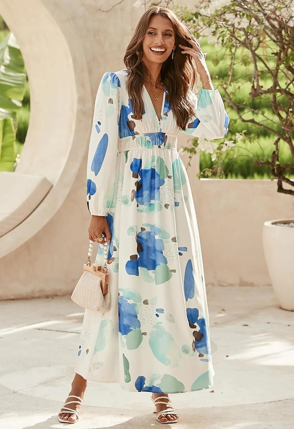 Sissyaki Women's Long Sleeve Boho Floral Maxi Dress Smocked Beach Flowy Dress