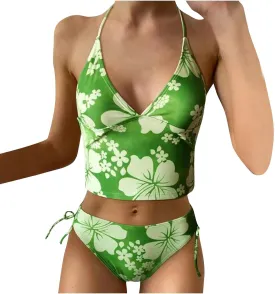 Tankini Bathing Suit for Women Halter V Neck Hawaii Tropical Floral Print Low Back Swimsuit Sexy 2 Piece Swimwear