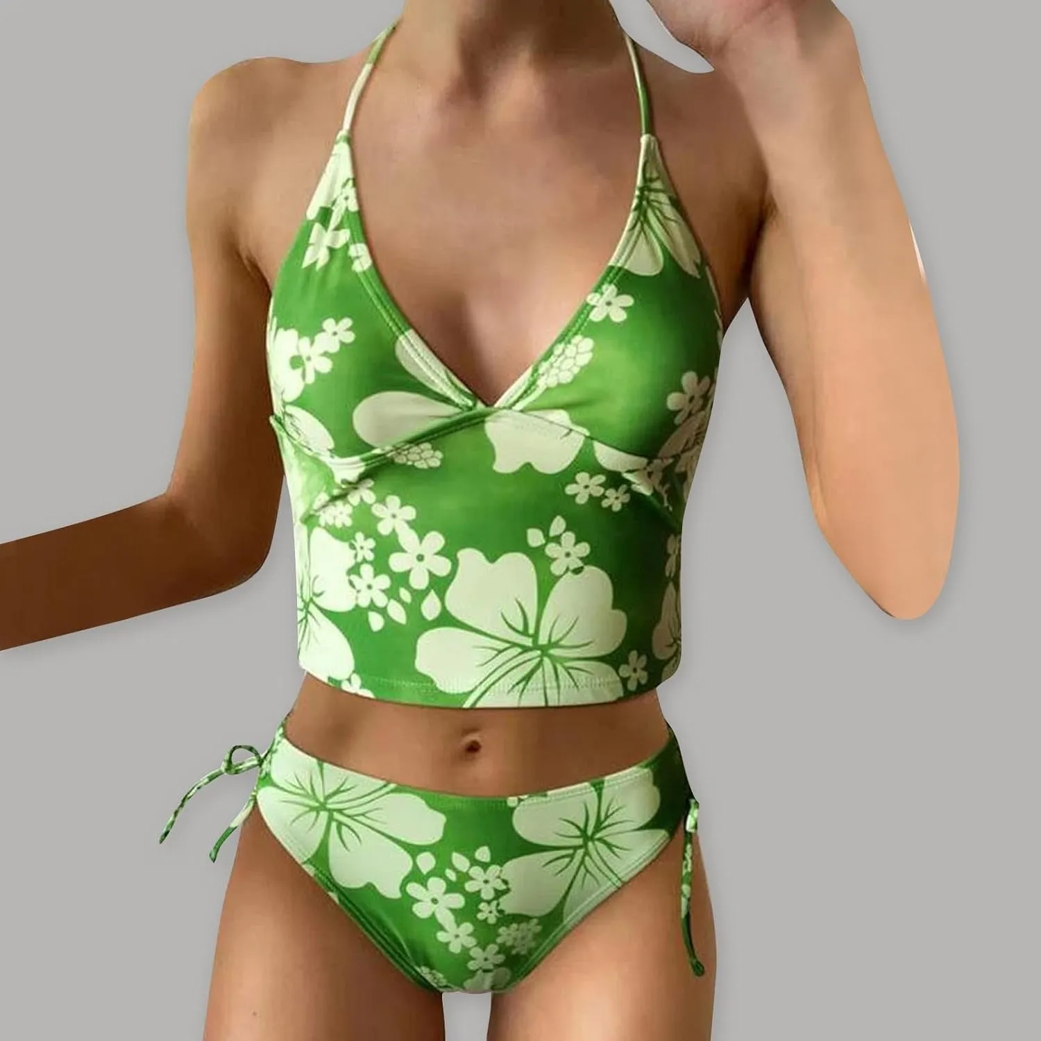 Tankini Bathing Suit for Women Halter V Neck Hawaii Tropical Floral Print Low Back Swimsuit Sexy 2 Piece Swimwear