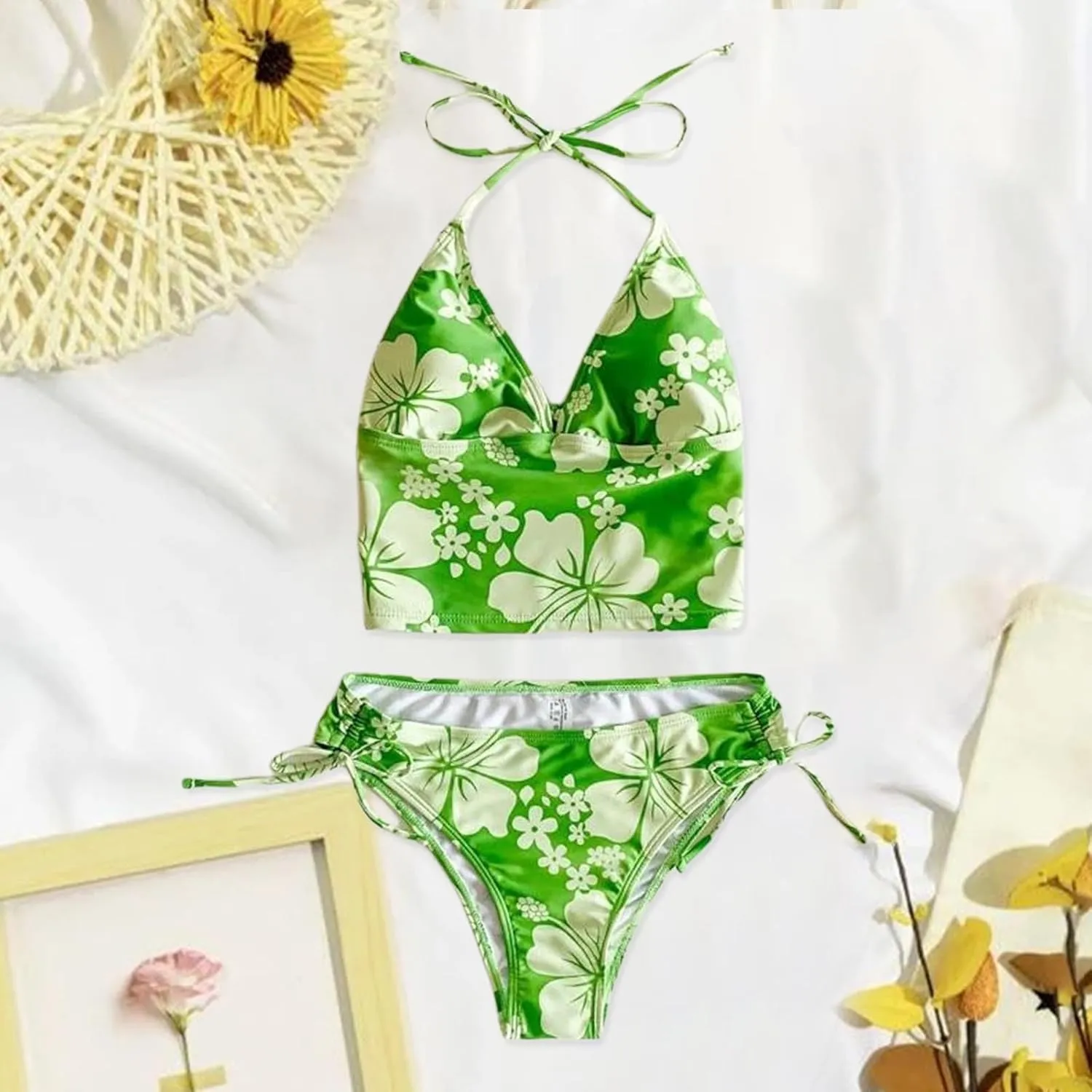 Tankini Bathing Suit for Women Halter V Neck Hawaii Tropical Floral Print Low Back Swimsuit Sexy 2 Piece Swimwear