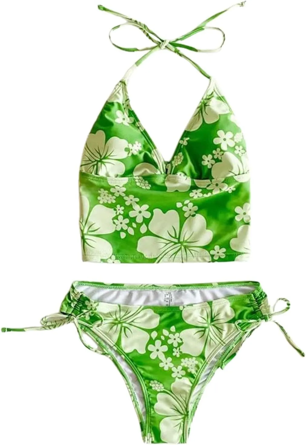 Tankini Bathing Suit for Women Halter V Neck Hawaii Tropical Floral Print Low Back Swimsuit Sexy 2 Piece Swimwear