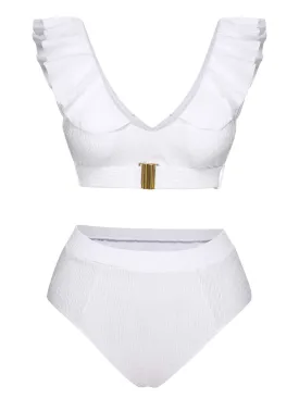 White 1950s Ruffles Solid Swimsuit