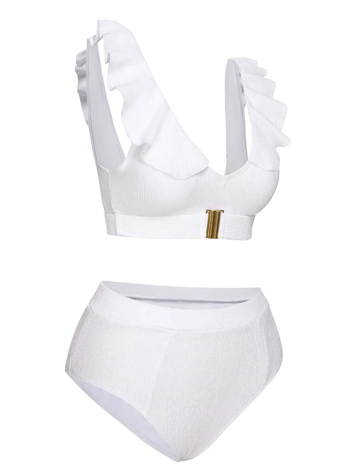 White 1950s Ruffles Solid Swimsuit