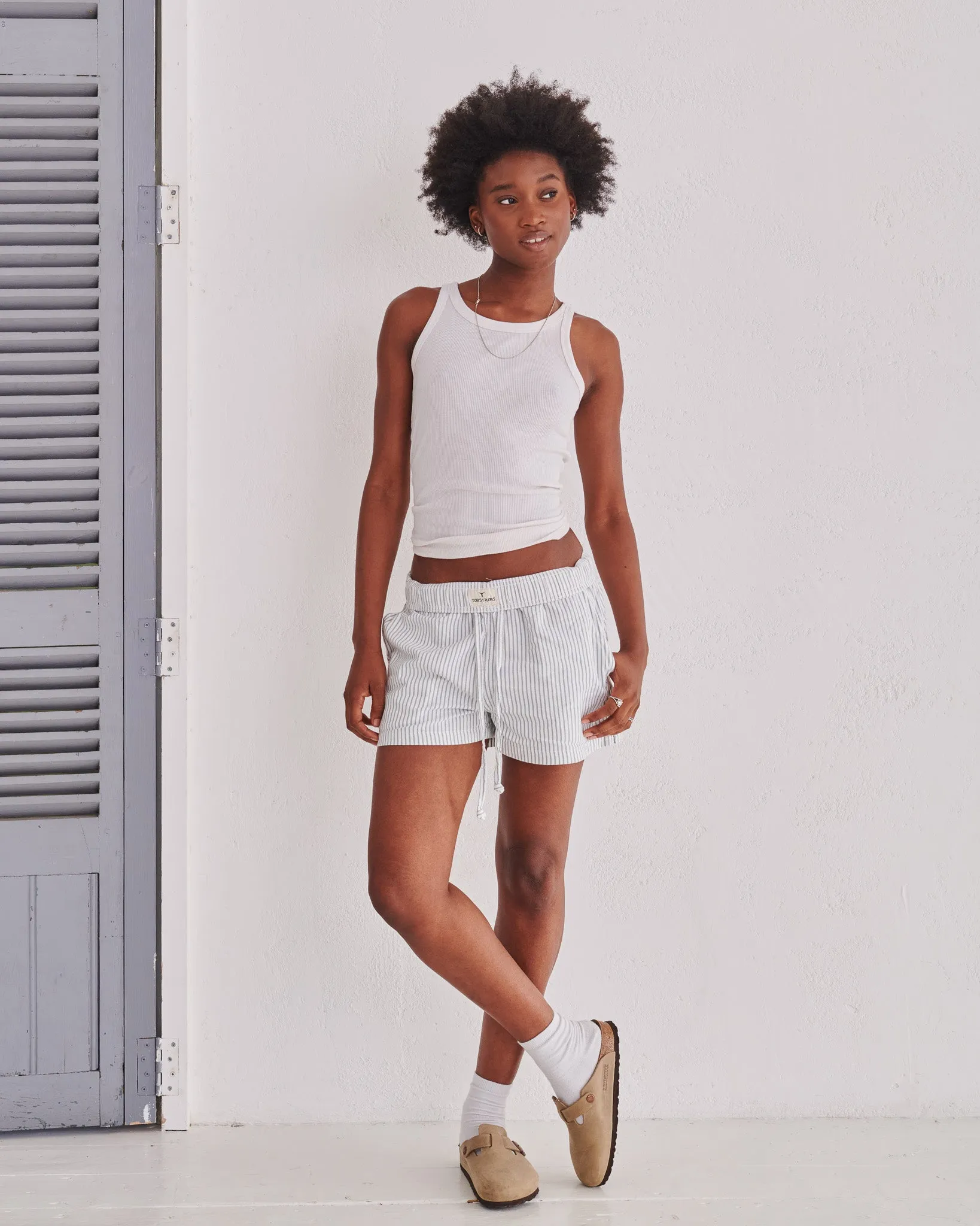 White & Green Pinstripe Short Shorts