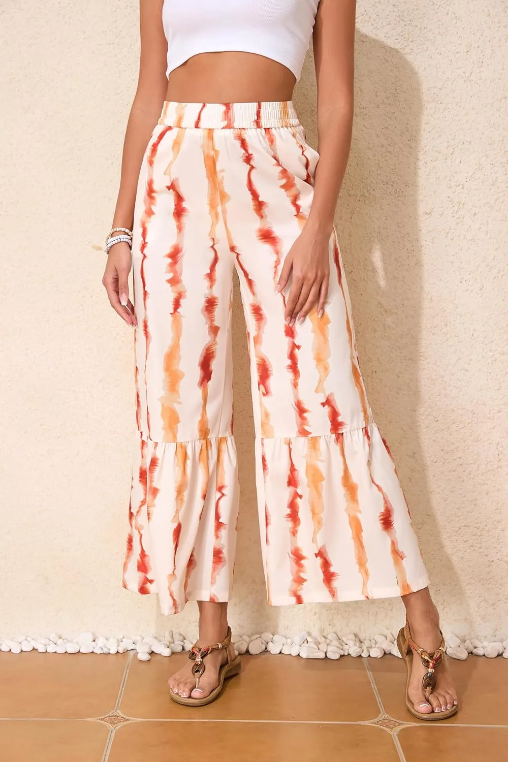 Wide Leg Pants for Women Elastic High Waisted Floral Trousers Beach Summer Casual with Pockets Lounge Palazzo Pants