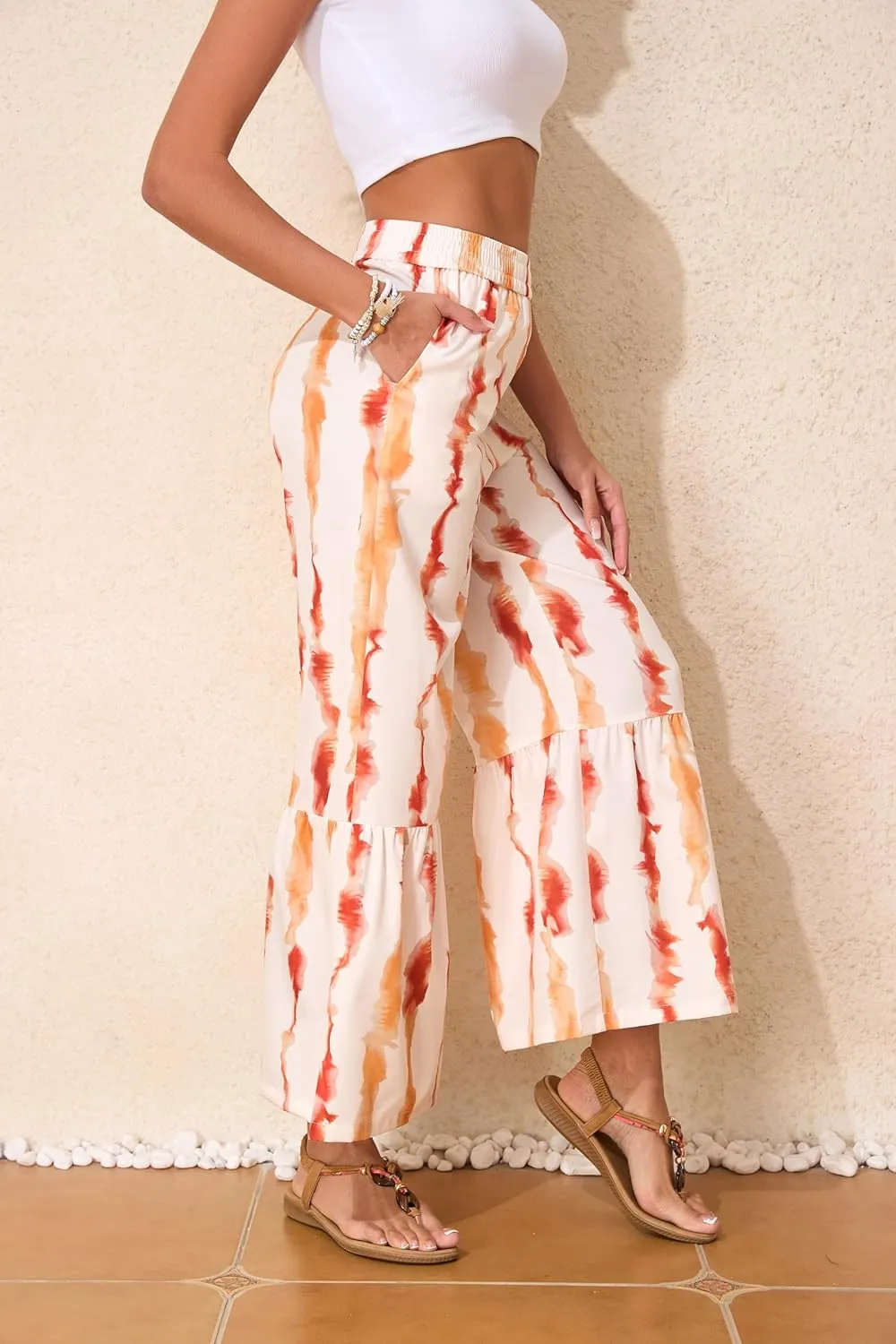 Wide Leg Pants for Women Elastic High Waisted Floral Trousers Beach Summer Casual with Pockets Lounge Palazzo Pants