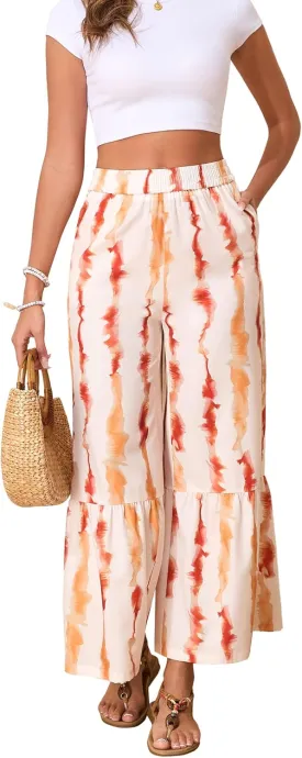 Wide Leg Pants for Women Elastic High Waisted Floral Trousers Beach Summer Casual with Pockets Lounge Palazzo Pants