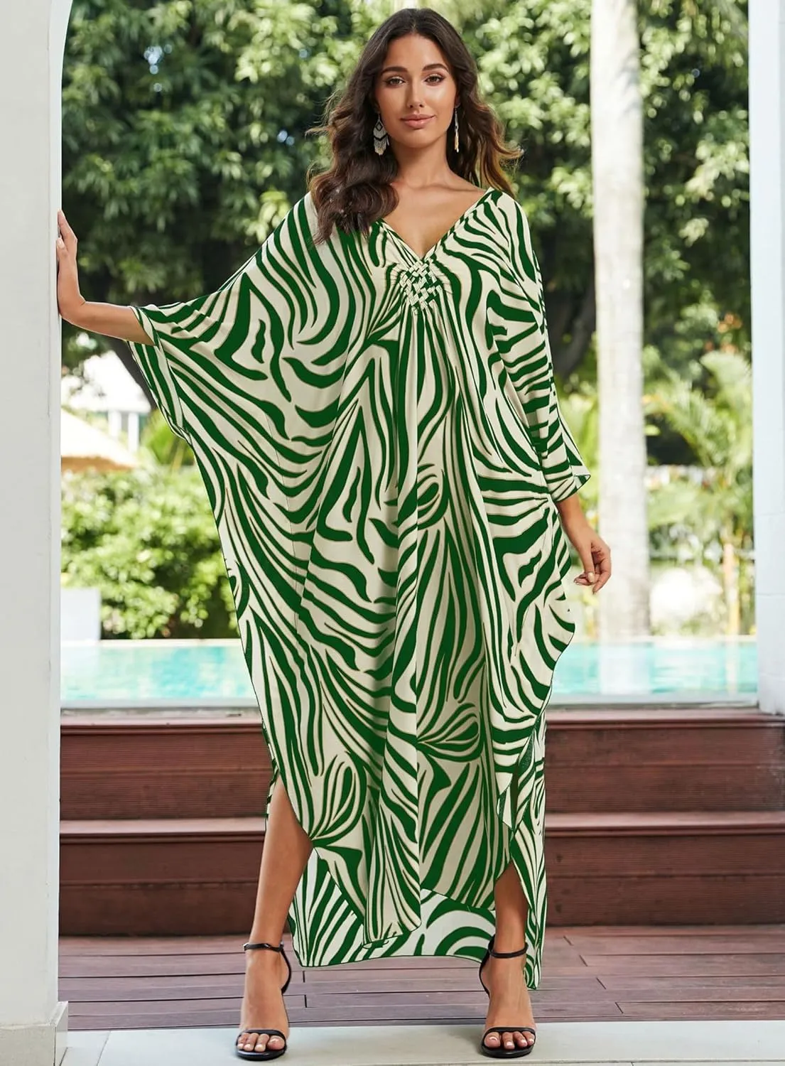 Women Kaftan Dresses Plus Size V-Neck Batwing Sleeves Beach Cover Up 2025 Summer Floral Print Caftan Dress