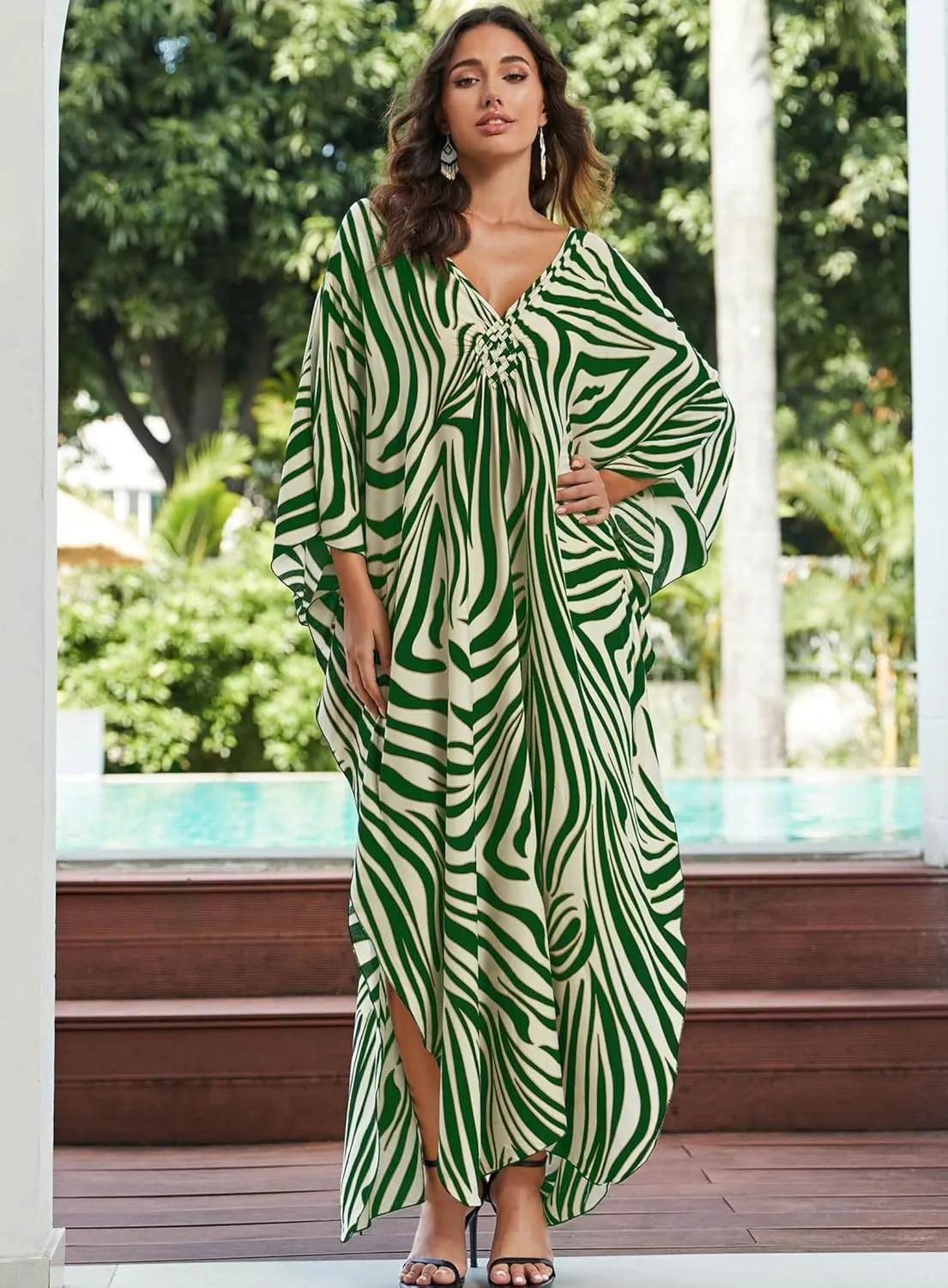 Women Kaftan Dresses Plus Size V-Neck Batwing Sleeves Beach Cover Up 2025 Summer Floral Print Caftan Dress