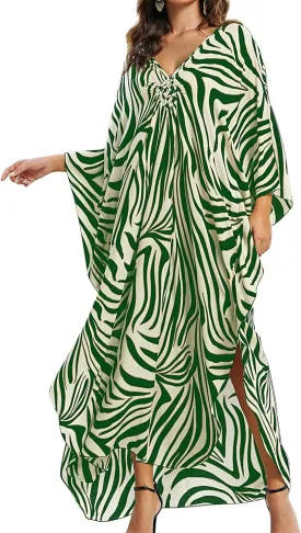 Women Kaftan Dresses Plus Size V-Neck Batwing Sleeves Beach Cover Up 2025 Summer Floral Print Caftan Dress