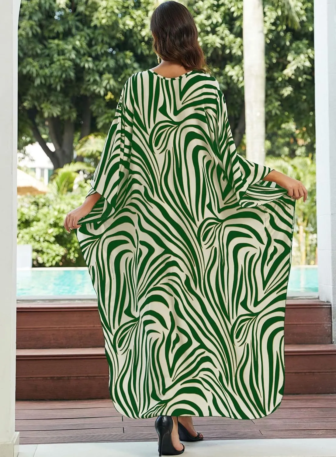 Women Kaftan Dresses Plus Size V-Neck Batwing Sleeves Beach Cover Up 2025 Summer Floral Print Caftan Dress