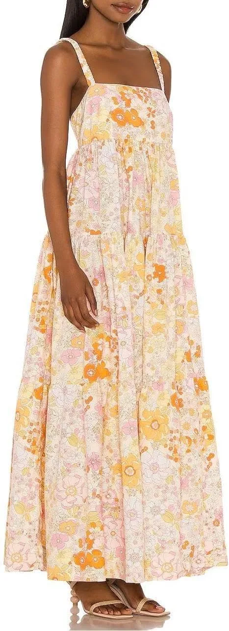 Women Vintage Spaghetti Strap Maxi Dress Floral Print Loose Cami Long Dress Boho Flowy Sundress