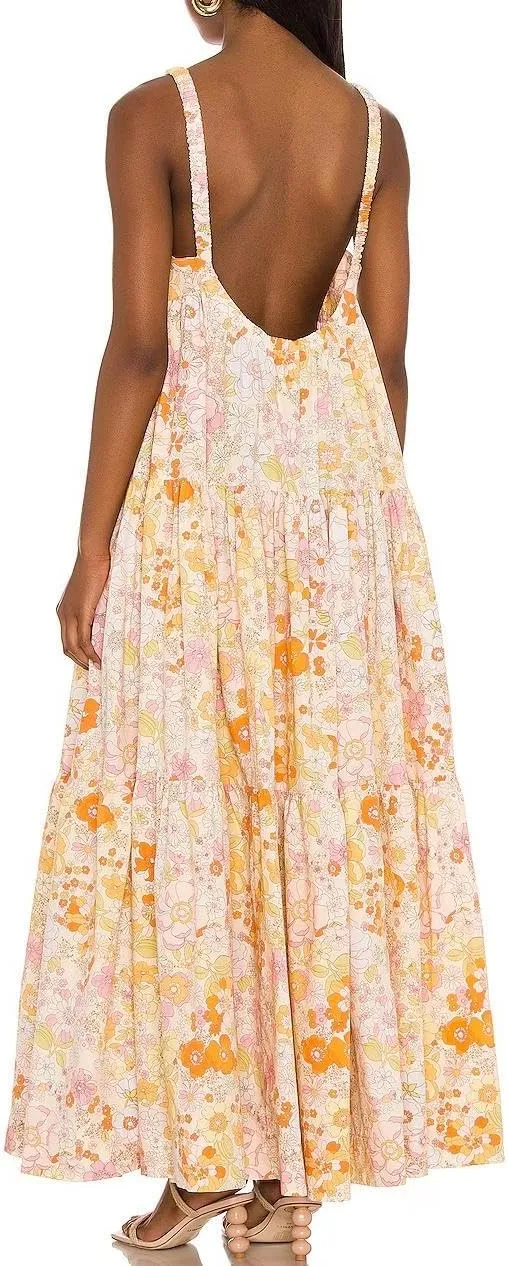 Women Vintage Spaghetti Strap Maxi Dress Floral Print Loose Cami Long Dress Boho Flowy Sundress