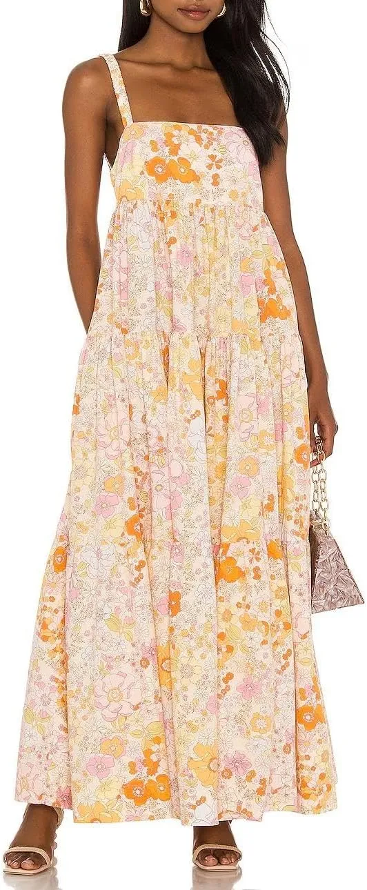 Women Vintage Spaghetti Strap Maxi Dress Floral Print Loose Cami Long Dress Boho Flowy Sundress