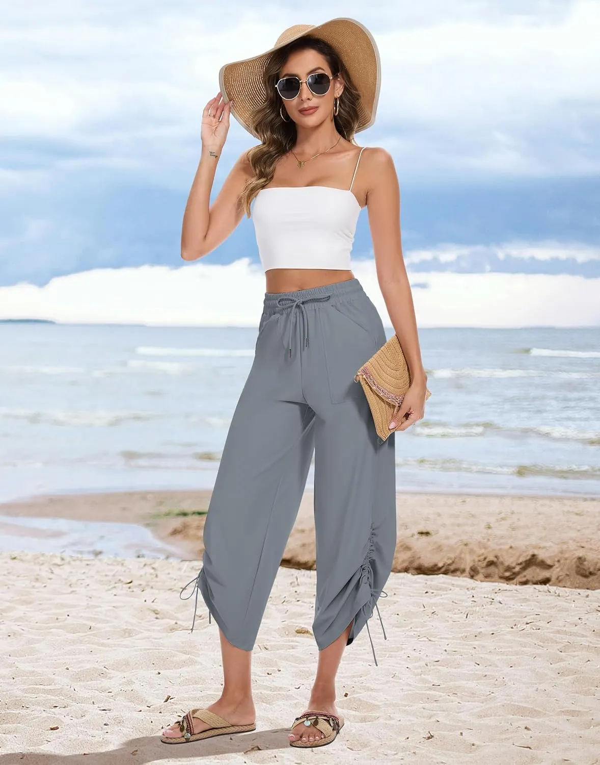 Women's 25" Wide Leg Beach Pants High Waisted Swim Capris Baggy Summer Travel Pant Quick Dry Flowy Cropped Bottoms