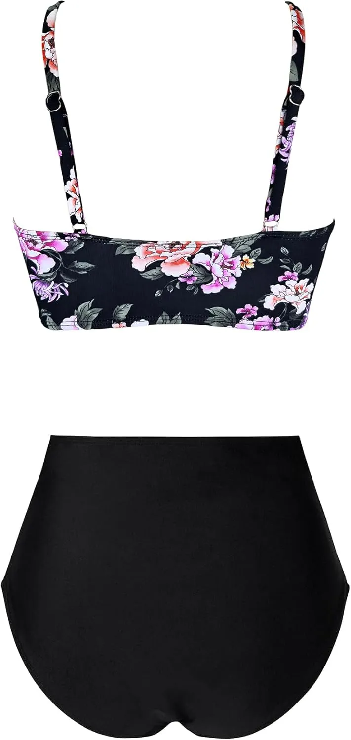 Women's High Waisted Bikini Sets Push Up Twist Front Spaghetti Straps Ruched Two Piece Swimsuit Bathing Suit