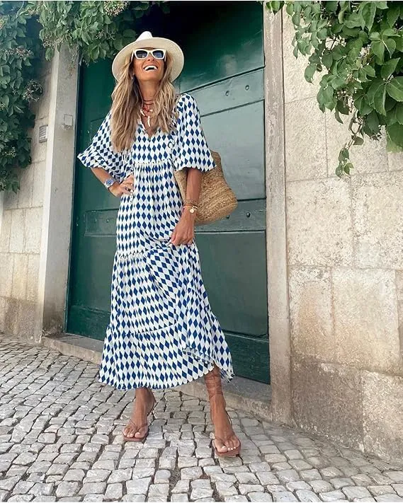 Womens Loose Fit Casual Crinkly Boho Beach Bohemian Maxi Midi Dress Beach Half Sleeve Floral Print Retro V Neck Dress