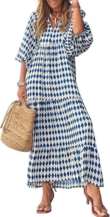 Womens Loose Fit Casual Crinkly Boho Beach Bohemian Maxi Midi Dress Beach Half Sleeve Floral Print Retro V Neck Dress