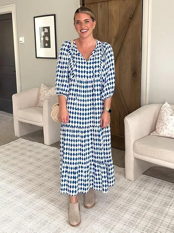 Womens Loose Fit Casual Crinkly Boho Beach Bohemian Maxi Midi Dress Beach Half Sleeve Floral Print Retro V Neck Dress