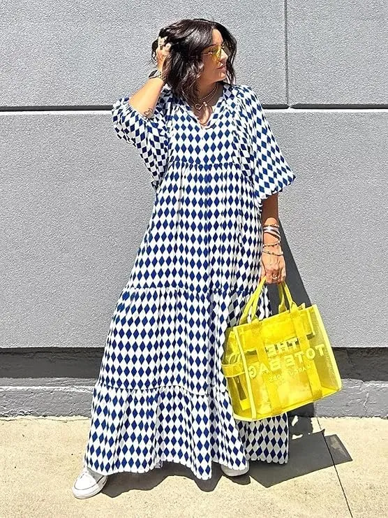 Womens Loose Fit Casual Crinkly Boho Beach Bohemian Maxi Midi Dress Beach Half Sleeve Floral Print Retro V Neck Dress
