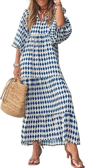 Womens Loose Fit Casual Crinkly Boho Beach Bohemian Maxi Midi Dress Beach Half Sleeve Floral Print Retro V Neck Dress