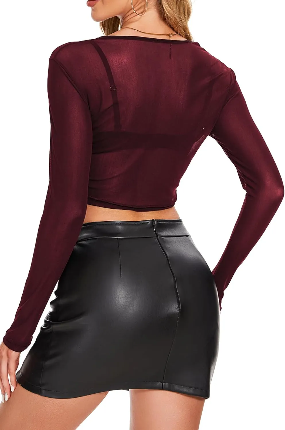 Women's Mesh Long Sleeve Top See Through Shirt Sexy High Crew Neck Sheer Blouse