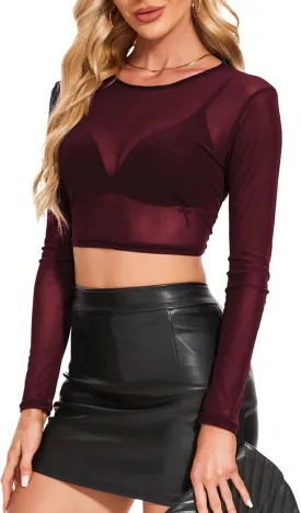 Women's Mesh Long Sleeve Top See Through Shirt Sexy High Crew Neck Sheer Blouse