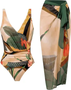 Women's One Piece Swimsuit with Cover up Set Beach Wrap Skirt Retro Floral Print Bathing Suit for Women Tummy Control