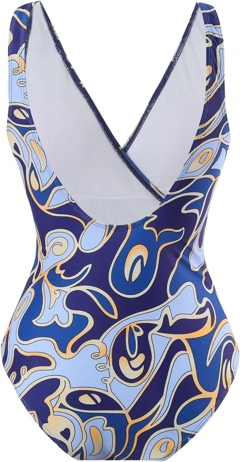 Women's One Piece Swimsuit with Cover up Set Beach Wrap Skirt Retro Floral Print Bathing Suit for Women Tummy Control