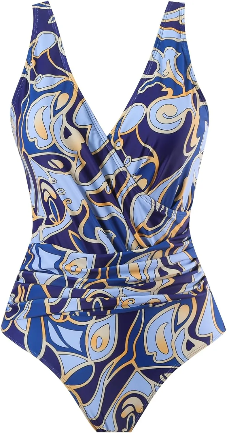 Women's One Piece Swimsuit with Cover up Set Beach Wrap Skirt Retro Floral Print Bathing Suit for Women Tummy Control