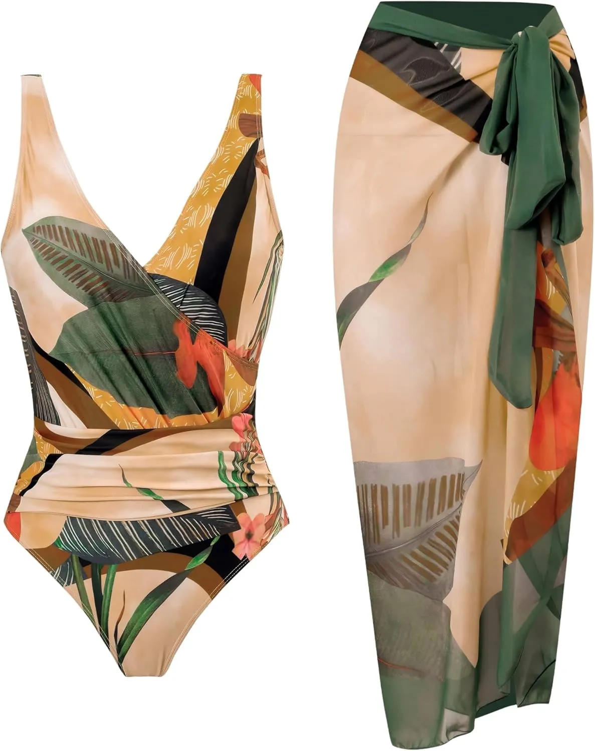 Women's One Piece Swimsuit with Cover up Set Beach Wrap Skirt Retro Floral Print Bathing Suit for Women Tummy Control