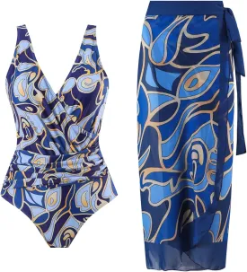 Women's One Piece Swimsuit with Cover up Set Beach Wrap Skirt Retro Floral Print Bathing Suit for Women Tummy Control