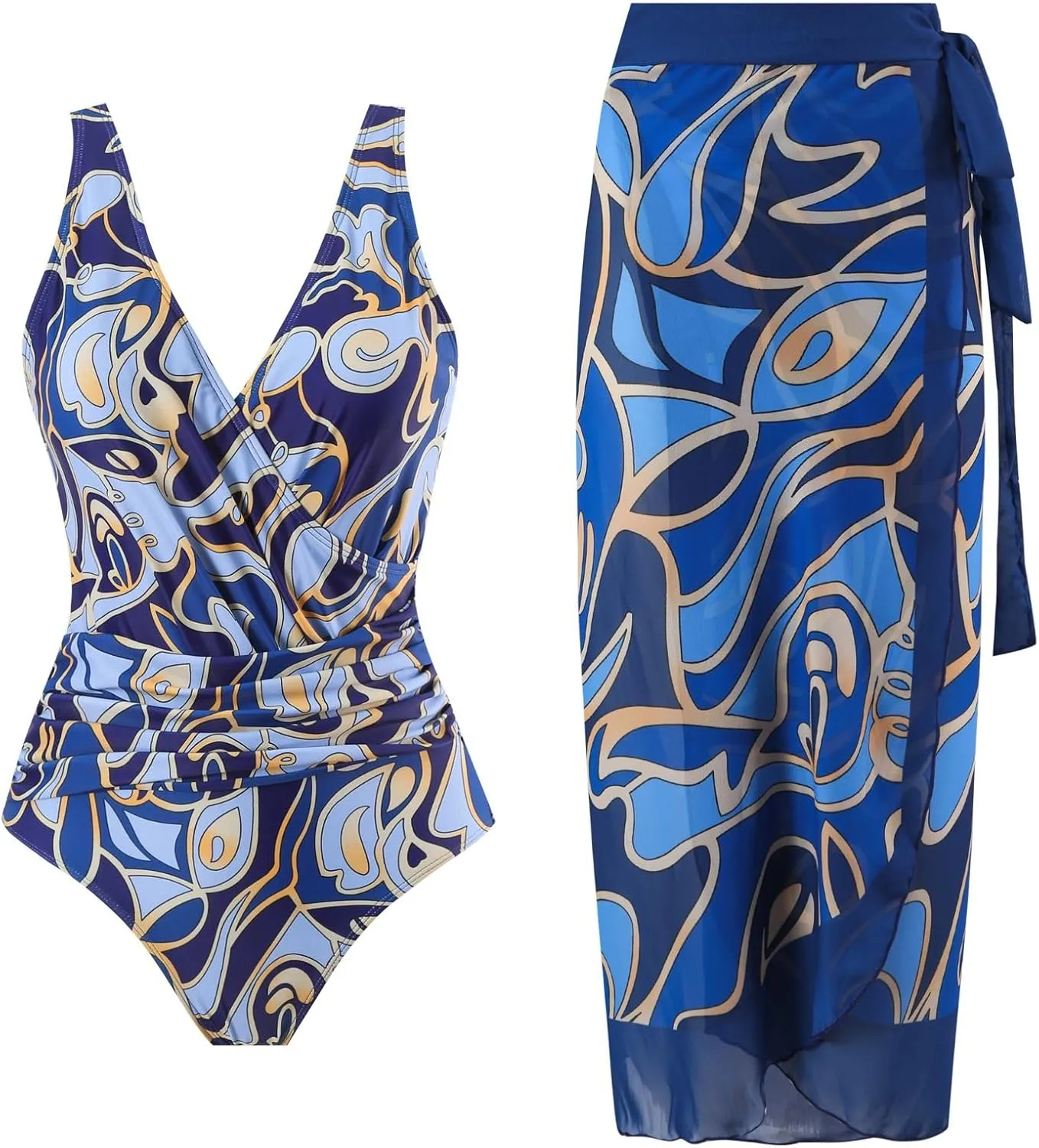 Women's One Piece Swimsuit with Cover up Set Beach Wrap Skirt Retro Floral Print Bathing Suit for Women Tummy Control