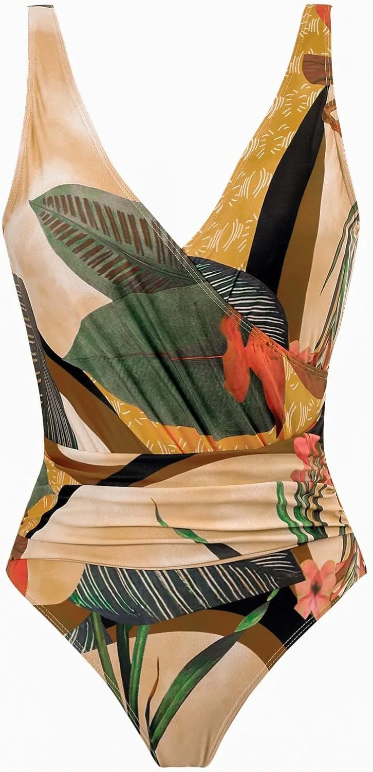 Women's One Piece Swimsuit with Cover up Set Beach Wrap Skirt Retro Floral Print Bathing Suit for Women Tummy Control