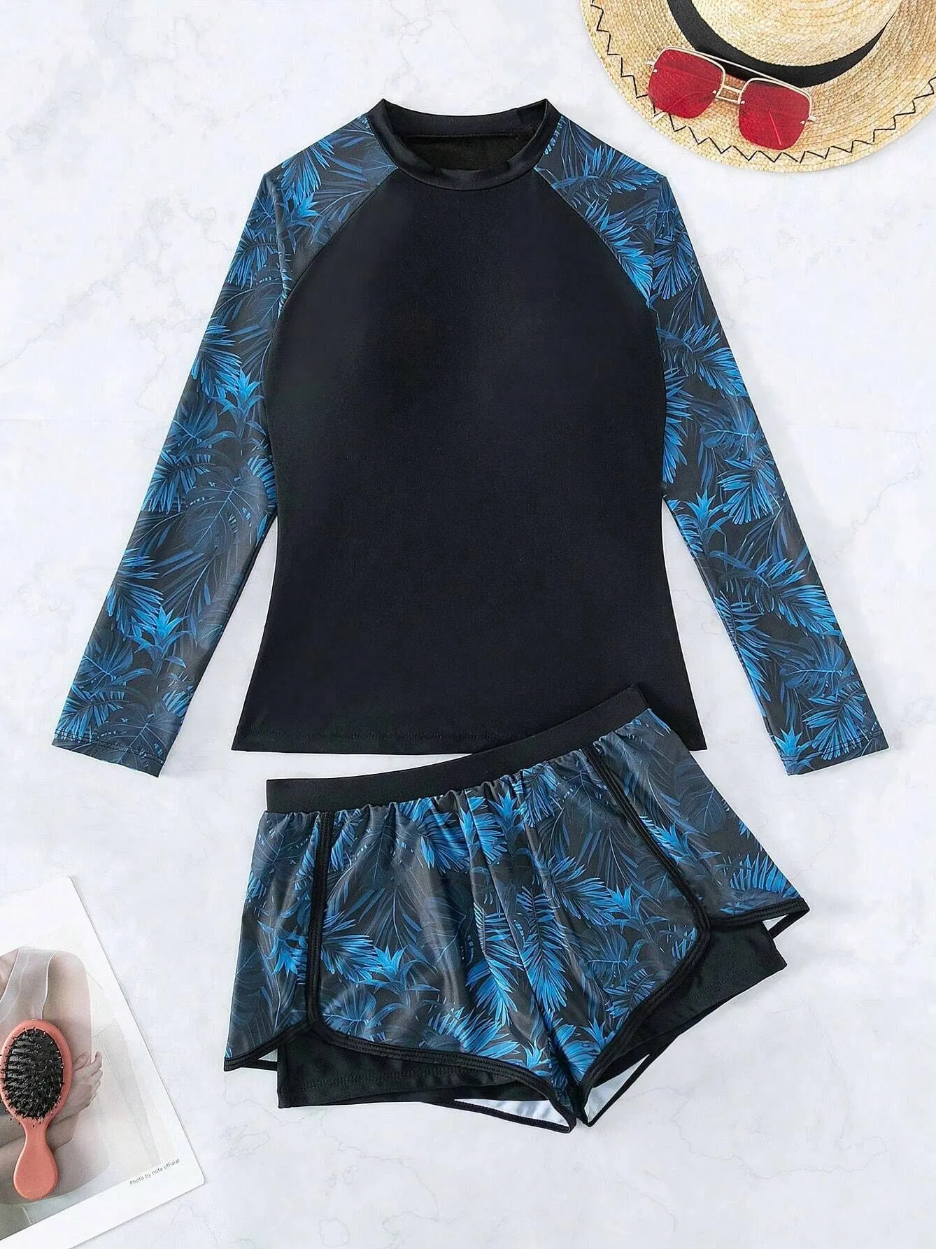 Women's Tropical Plant Print Long Sleeve Two-Piece Swimsuit UPF50  Rash Guard