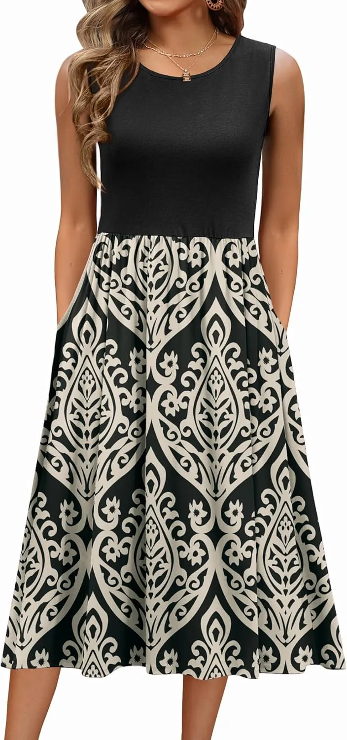 Zeagoo Women's Summer Tank Midi Dress with Pockets Sleeveless A-Line Dress Casual Floral T-Shirt Dress Flowy Beach Sundress