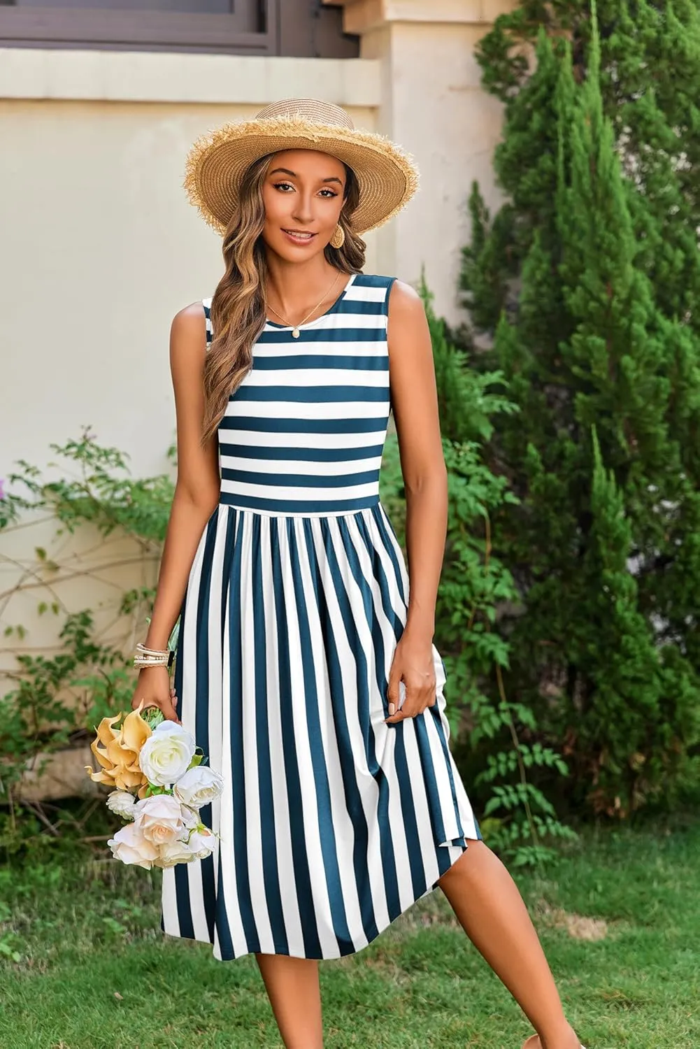 Zeagoo Women's Summer Tank Midi Dress with Pockets Sleeveless A-Line Dress Casual Floral T-Shirt Dress Flowy Beach Sundress